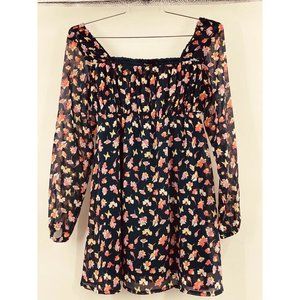 Womens Tunic Top Black Red Floral Long Sleeve Squa